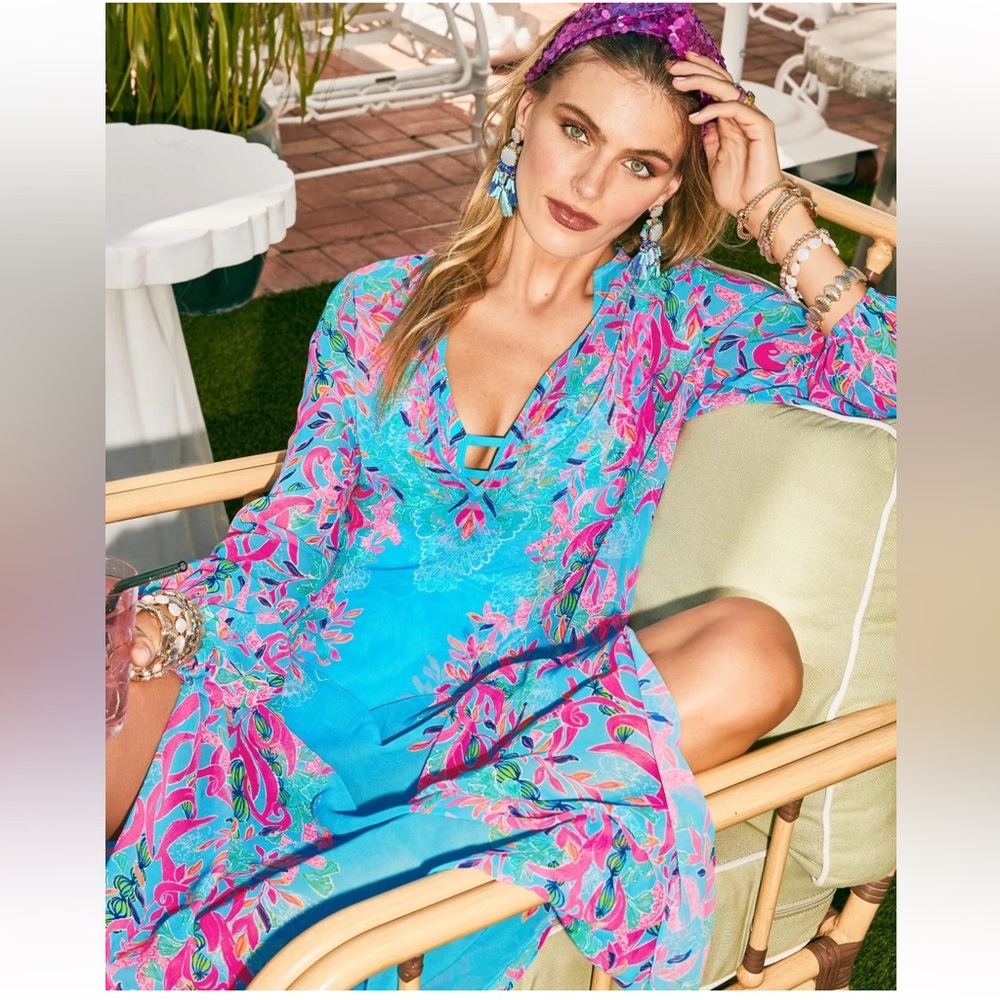 Lilly Pulitzer Frey Long-Sleeved Maxi Multi Seaweed Samba Swim Cover Up S/M NWT